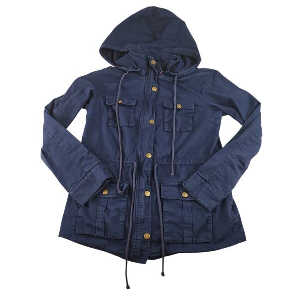 Navy Blue Cargo Jacket Womens Medium Gold Red Hooded Full Zip Utility Chore - Picture 4 of 16